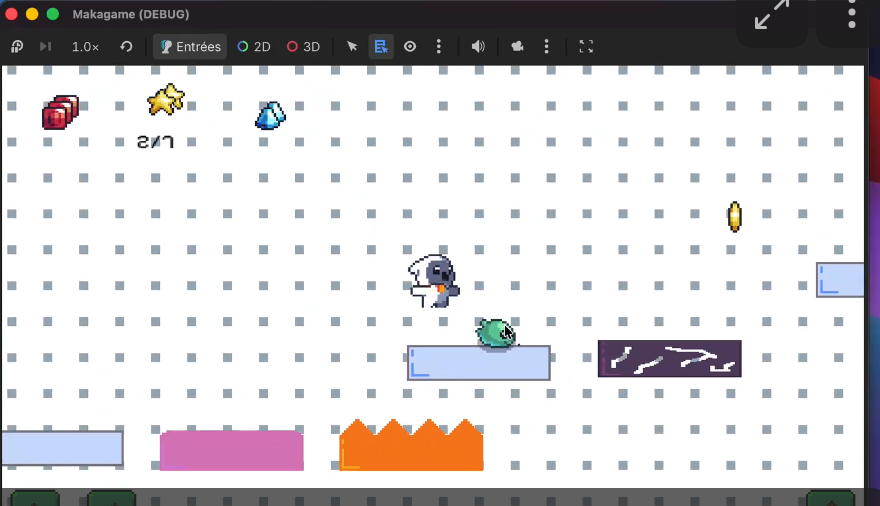 Capture d'écran du jeu de plateforme 2D généré à partir du plateau en bois : personnage, plateformes colorées, vies, étoiles et pièces
