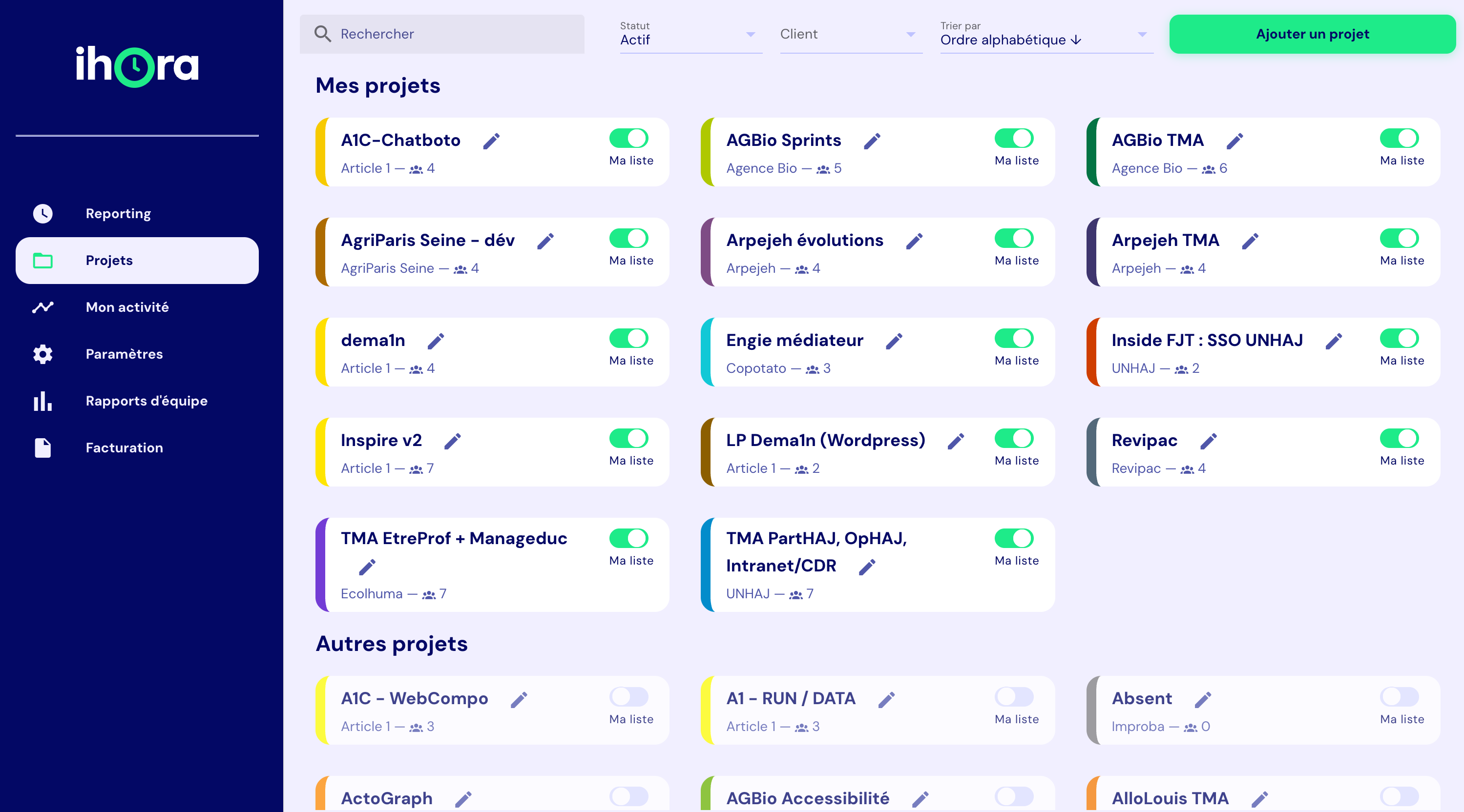 iHora — vue de gestion des projets